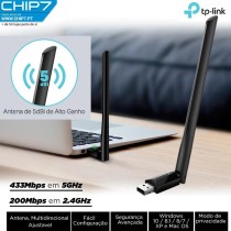 Placa de rede USB Wireless Dual Band AC 600Mbps TP-LINK - ARCHER T2U PLUS. 2,4 e 5GHz